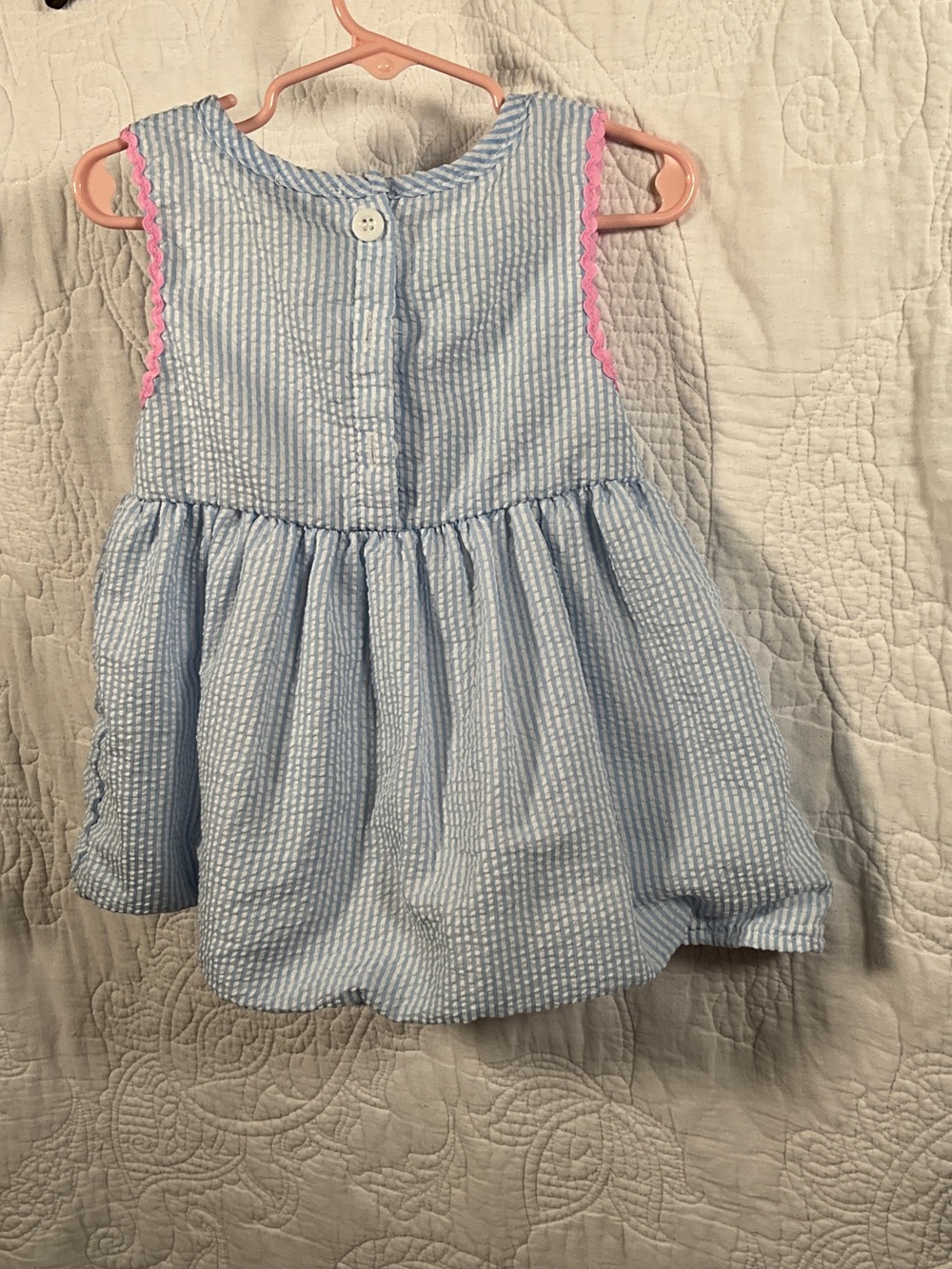 Blue Seersucker Girls Sleeveless Bubble Dress with Pink Trim - Picture 3 of 3